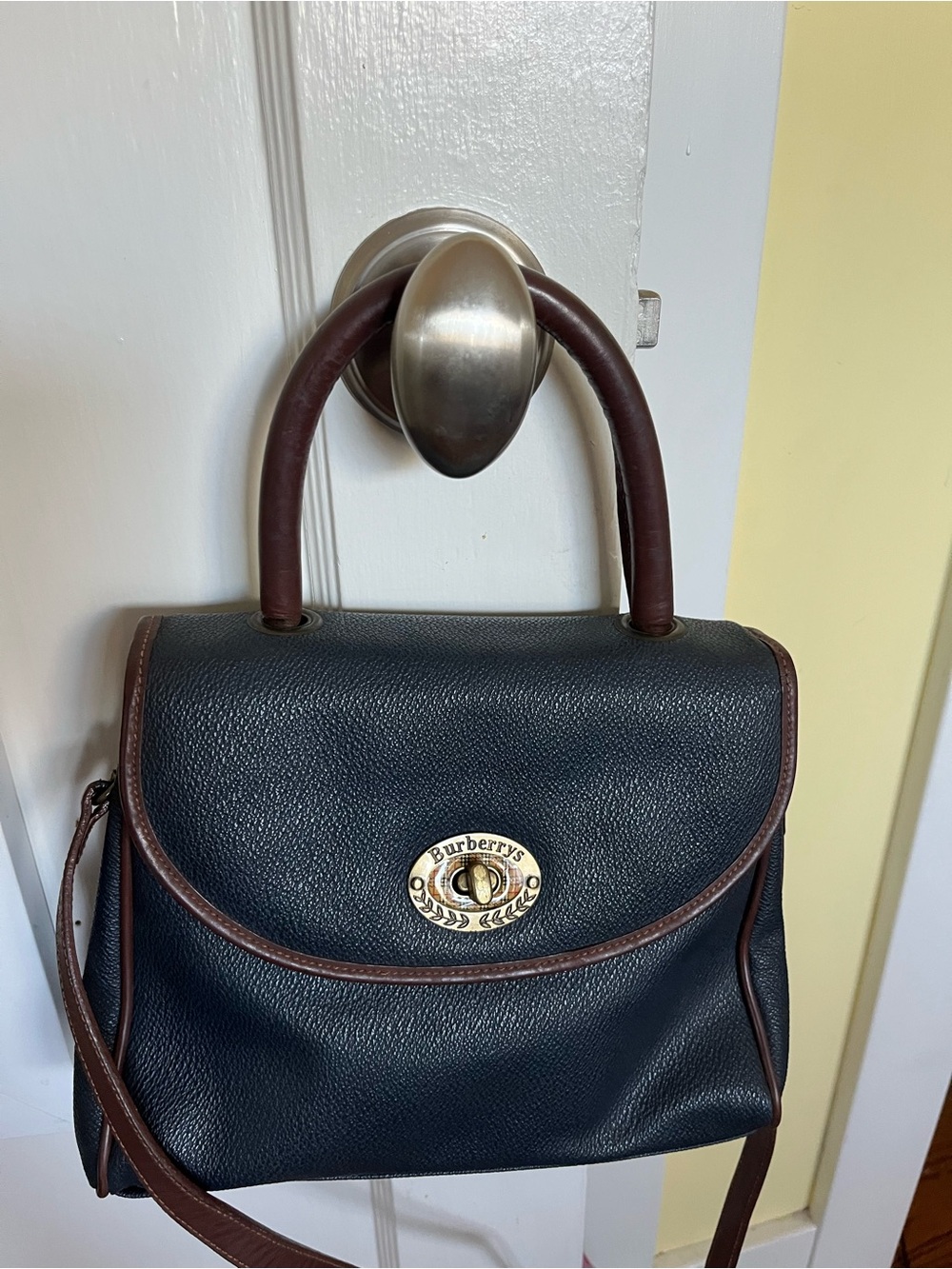 Vintage Burberry - Navy with Brown Trim Leather Shoulder bag